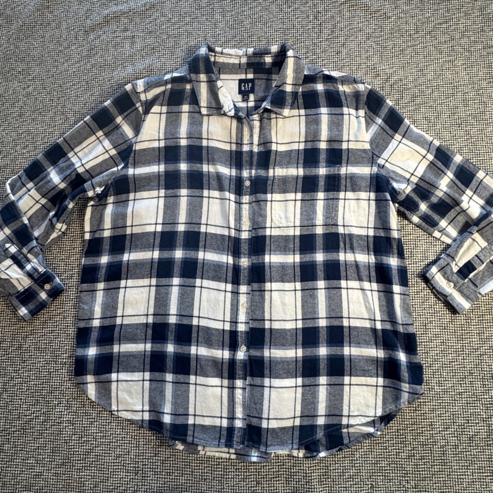 GAP Womens XXL Navy Blue White Plaid Flannel Button Down Shirt Long Sleeve